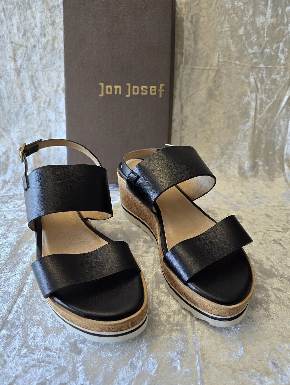 Jon Josef Cool Black Leather Cork Wedge Sandals